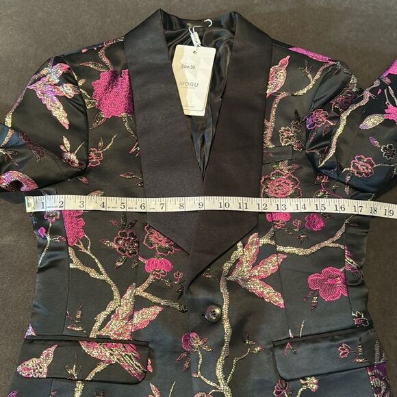 Men’s Floral Black Tuxedo Jacket & Vest Set Shawl Lapel Formal Party Size 30 NWT - Picture 12 of 13